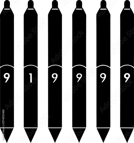 Six black pencil silhouettes featuring the number nine or one, arranged in a row on a white background