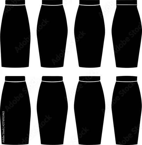 Eight black skirt silhouettes arranged in two rows of four, isolated on a plain white background, fashion