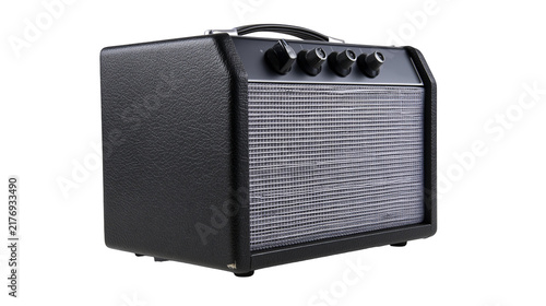 Foto Black portable electric guitar amplifier with textured casing and control knobs