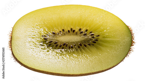 фотографія Fresh juicy slice of golden kiwi fruit with black seeds and fuzzy brown skin