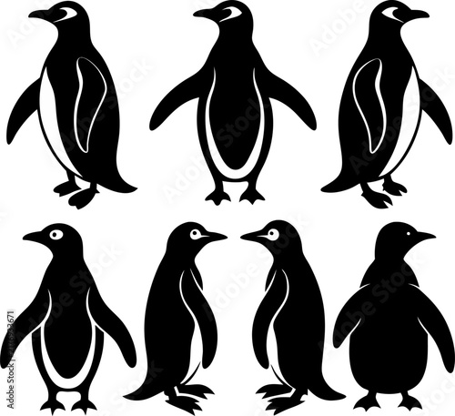 A collection of six black penguin silhouettes in various poses, isolated on a plain white background