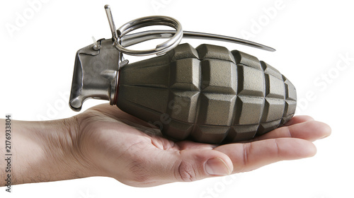 Fotografía Olive green metal fragmentation hand grenade held in a human palm