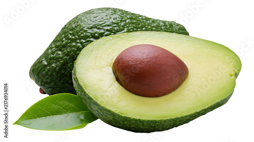 фотографія Whole and halved ripe avocado with green leaf and brown pit