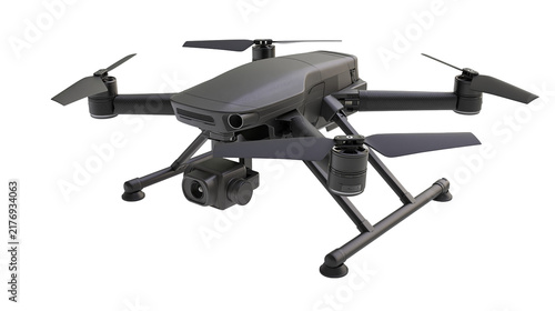 Modern black quadcopter drone with gimbal camera and landing gear