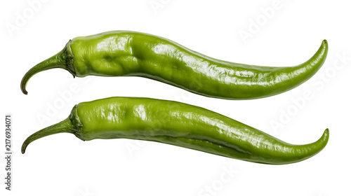 Принти на полотні Two fresh raw green chili peppers with smooth shiny skin and stems