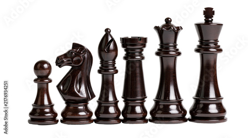 Konstfotografi Polished dark brown wooden chess pieces set including king queen rook bishop kni