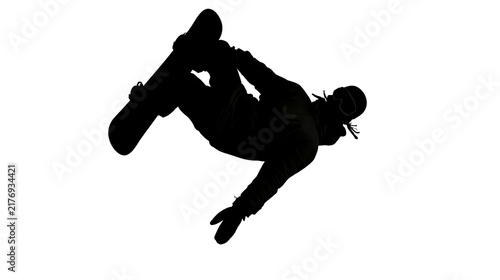 Canvastavla Black silhouette of a snowboarder performing an aerial trick in midair