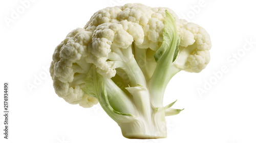 Fotografía Fresh raw cauliflower head with green leaves and dense white florets