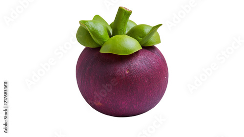 Fotografie Fresh whole purple mangosteen fruit with green stem and sepals
