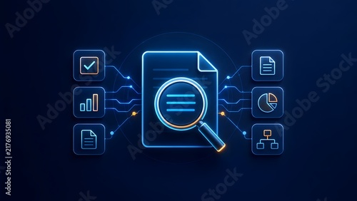 Digital document analysis with glowing neon icons