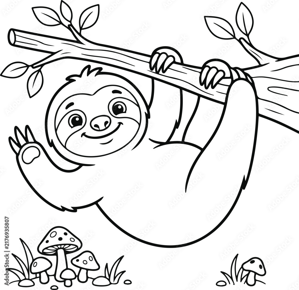 Fototapeta premium Cute sloth hanging from a tree branch with mushrooms below, black and white outline illustration for coloring book