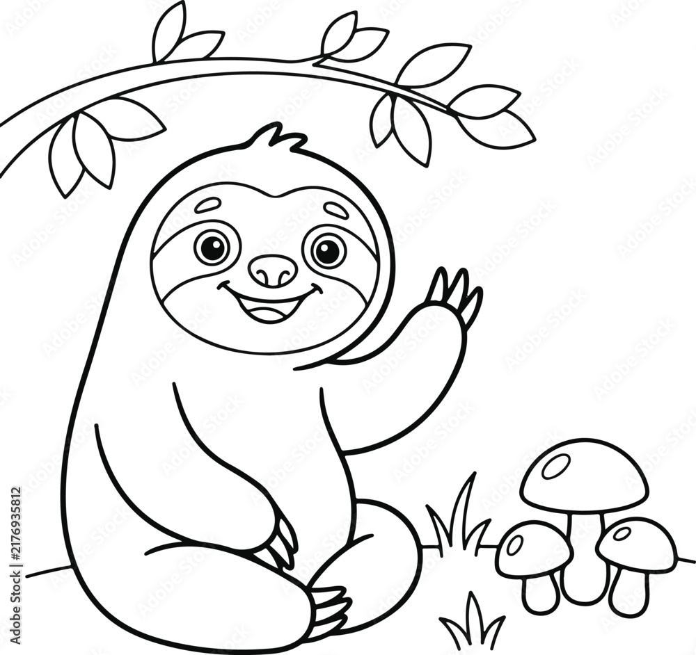 Fototapeta premium Cute sloth waving hello while sitting under a tree branch with mushrooms, black and white outline illustration for coloring book