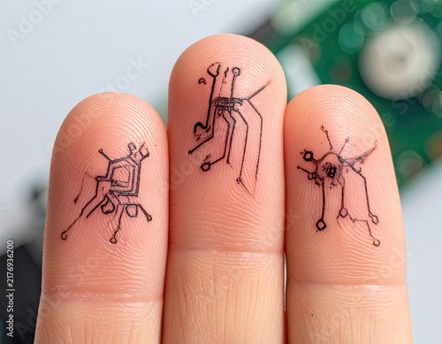 Three fingers adorned with circuit board-like drawings, suggesting microscopic mechanical life