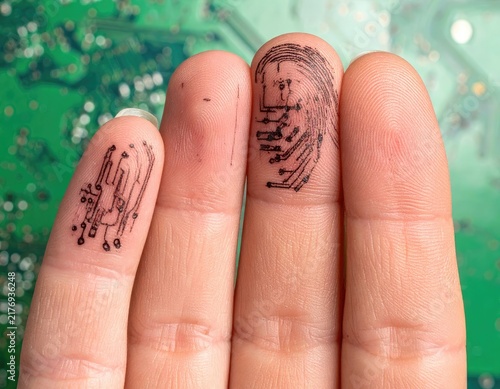 Fingers adorned with black circuit board patterns, mimicking digital identity
