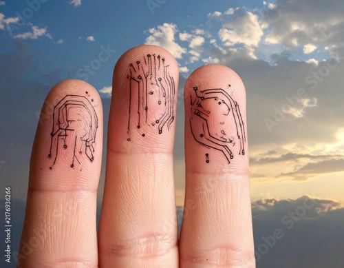 Fingers adorned with circuit board patterns against a sunset sky