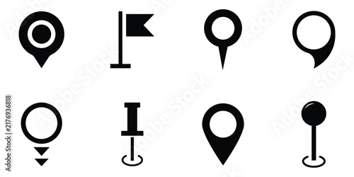 Location, map, and pin icon collection. GPS, place, markers, pinpointing, position, and navigation icons set. Destination icon place address navigation locator sign vector illustration.