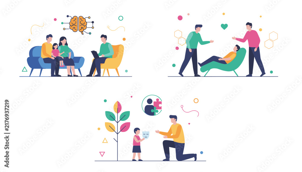 Fototapeta premium Collage of different counseling scenarios including family, individual, and child therapy sessions with abstract elements.