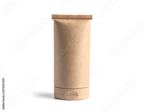 Craft paper cosmetic squeeze tube mockup isolated on white background front view