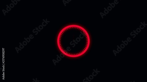 Glowing red neon circle pulses on a dark black space background. Tiny digital dots drift around the red neon circle. Cyber UI motion illuminates this red neon circle.