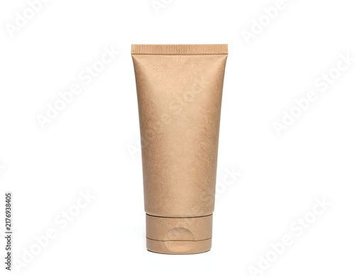 Craft paper cosmetic squeeze tube mockup isolated on white background front view