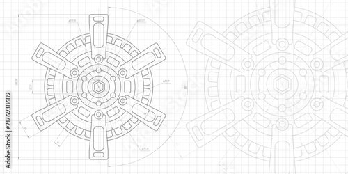 Technical drawing of gears .Rotating mechanism of round parts .Machine technology. Vector illustration .