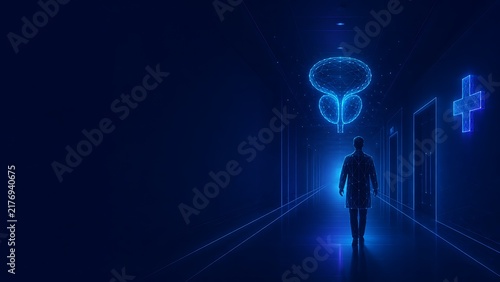 Person walking down a futuristic hospital hallway past glowing organ holograms. prostate cancer with corridor hospital healthcare silhouette wireframe hologram. prostate cancer