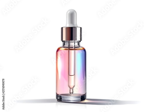 Clear glass dropper bottle with gradient liquid and metallic cap isolated on white background front view