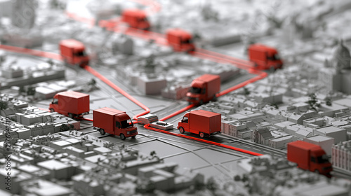 Red delivery trucks moving on city map with network lines