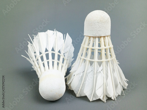 Fotografie Two white feathered shuttlecocks placed side by side on a plain gray background