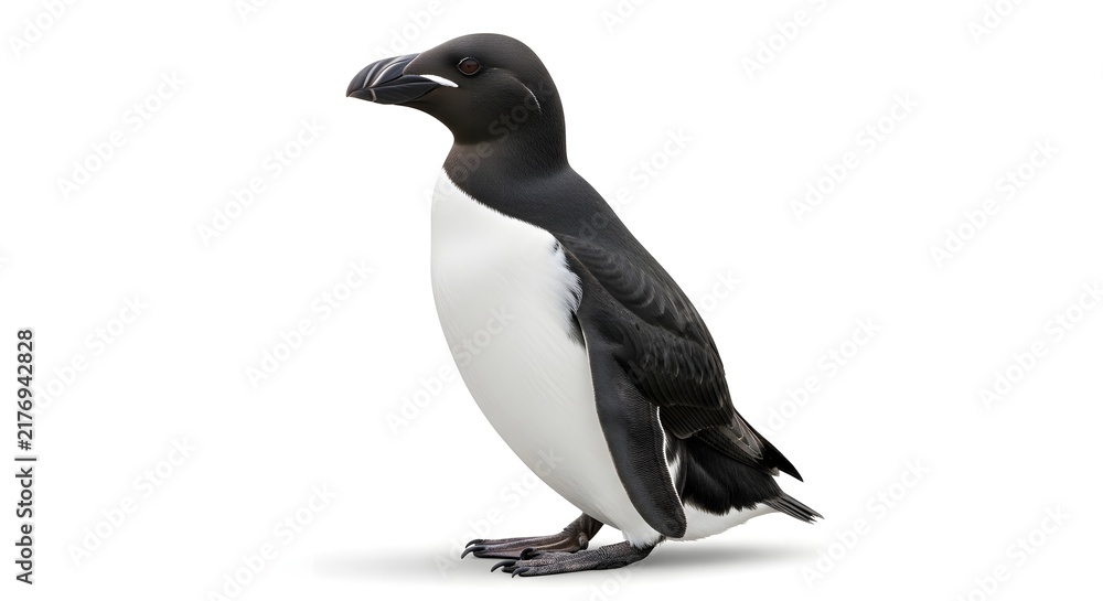 Fototapeta premium Razorbill bird standing profile on isolated white background with clean studio lighting and sharp focus