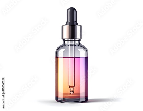 Clear glass dropper bottle with gradient liquid and metallic cap isolated on white background front view