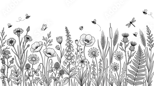 Black and white hand drawn wild flowers and meadow plants border with flying insects and bees in a sketch style art