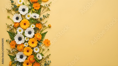 Beautiful border of colorful orange flowers and white anemone blossoms arranged on a soft light peach color background