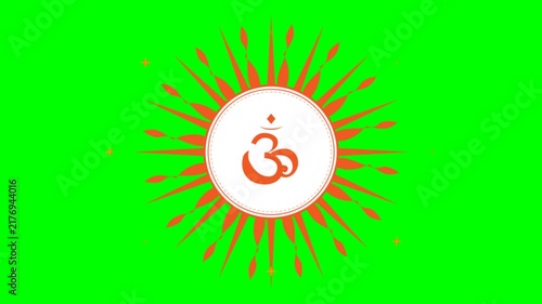 Hindu Om Symbol Animation Inside Orange Sunburst on Green Screen