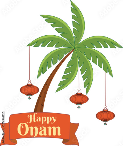 Vector illustrated Onam festival decoration with marigold garlands, green leaves, and text, isolated on transparent background for festive design