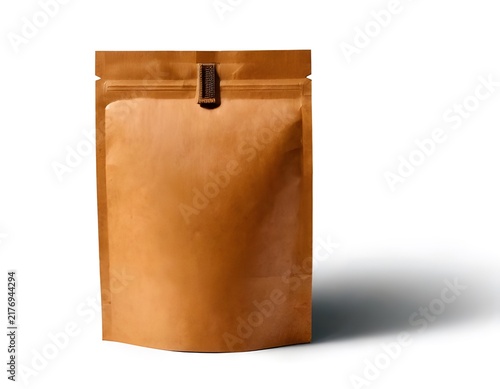Brown kraft paper doypack pouch mockup isolated on white background front view