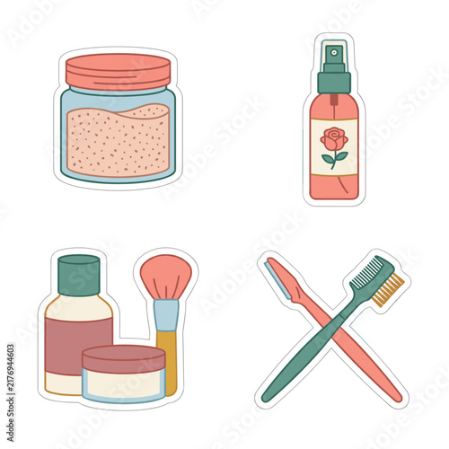 Sheet of 4 cosmetic icons arranged in a 2x2 grid, featuring exfoliating scrub, rosewater spray, setting powder with brush, and eyebrow razor, plain white background
