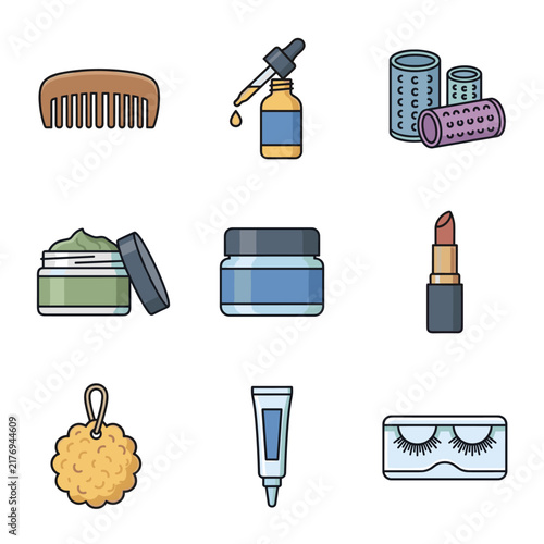 Set of nine pixel art icons for beauty and personal care, including comb, oil dropper, hair rollers, clay mask, sleeping mask, lipstick, loofah, eye cream, and false lashes, flat design elements