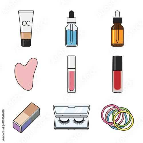 Set of skincare and beauty icons in a 3x3 grid, including CC cream, serum bottles, gua sha, lip gloss, makeup, and hair ties, flat vector illustration