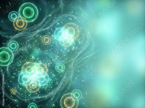 3D microscopic visualization of glowing emerald green stem cells drifting in fluid matrix