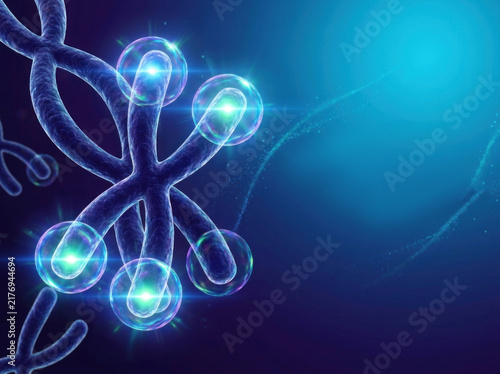 3D visualization of glowing chromosome telomere ends in dark cellular bio space