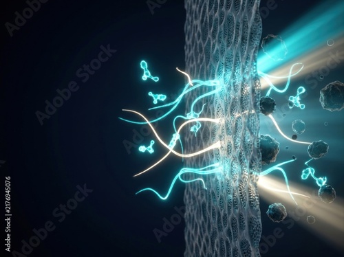 3D visualization of molecular filtration membrane separating liquid particles in glowing blue light