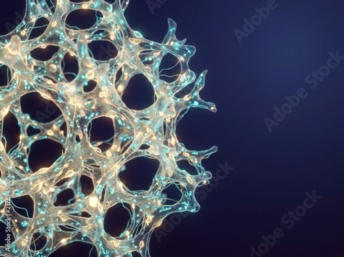 3D microscopic visualization of porous bioengineering scaffold glowing with cellular growth