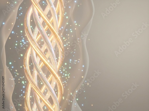 3D molecular model of golden collagen protein triple helix structure with glowing fibers