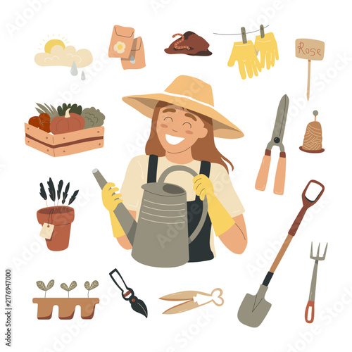 Young Woman Gardener with Watering Can and Gardening Tools Clipart Set
