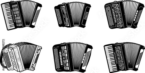 Foto Set of various vintage accordion musical instruments in black and white vector i