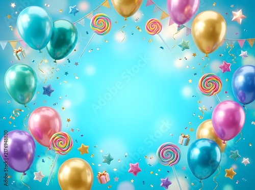 Vibrant Celebration Scene Featuring Colorful Balloons, Twisty Lollipops, Glittery Stars, and Festive Gift Boxes Against a Bright Sky Blue Background