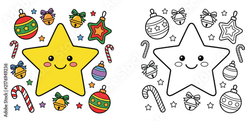 Cute Christmas Star Coloring Page with Festive Ornaments and Candy Cane Vector Illustration for Kids Holiday Activity Book