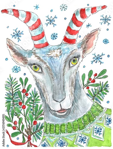 Cute Christmas goat in green sweater watercolor illustration