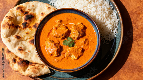 Creamy butter chicken curry with naan and rice